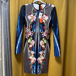 Clover Canyon Blue Black Floral Geometric Bodycon Dress